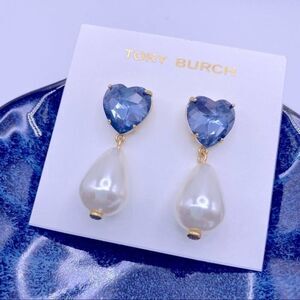 NWOT Tory Burch Gold Blue Heart Crystal Pearl Dangle Butterfly Stud Earrings